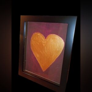 Gold Heart Acrylic Painting On Canvas Panel With Shadow Box Frame 8x10"